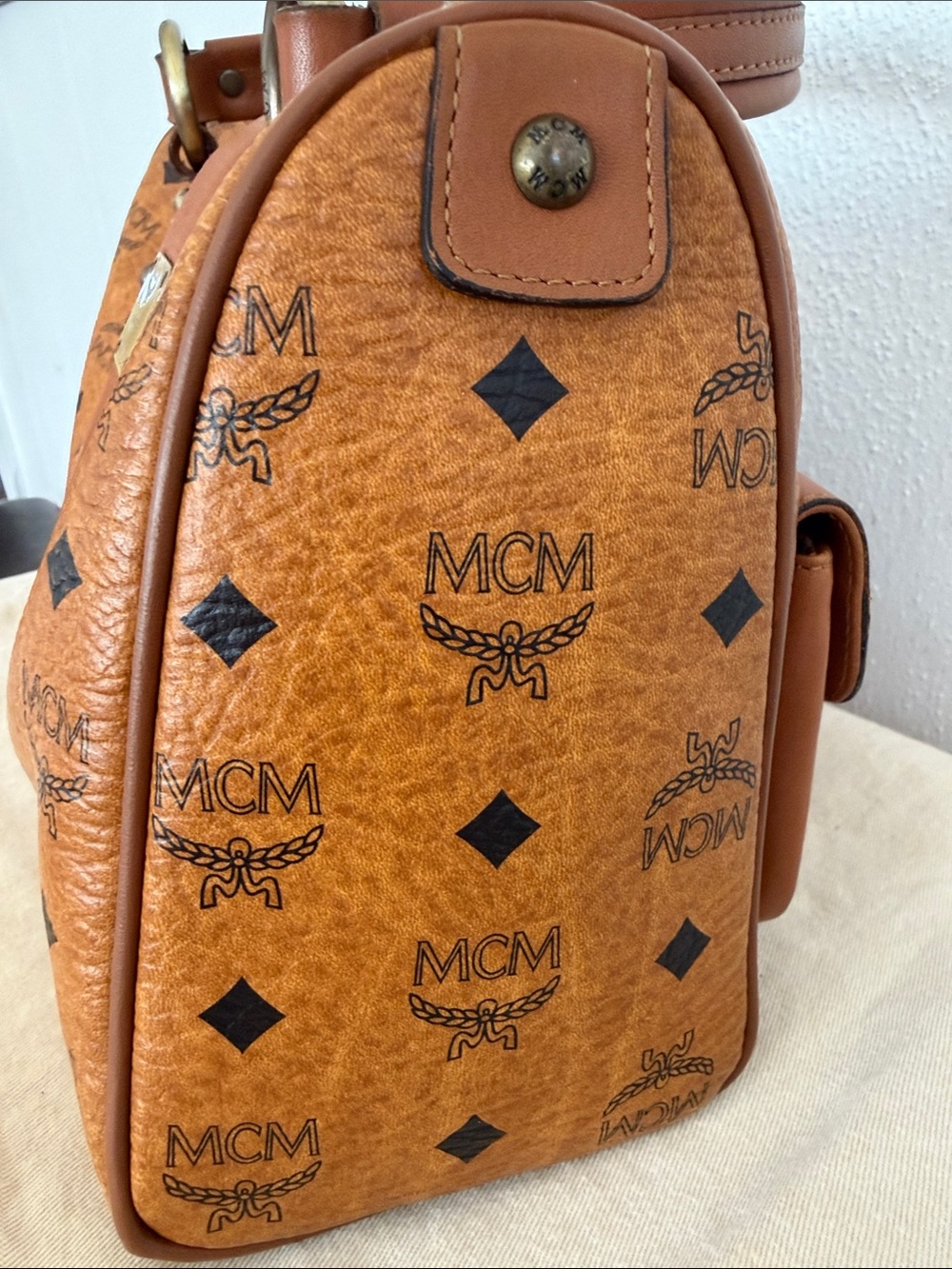 MCM Cognac Visetos coated canvas Logo Satchel w/2 Front Pockets - Picture 7 of 14
